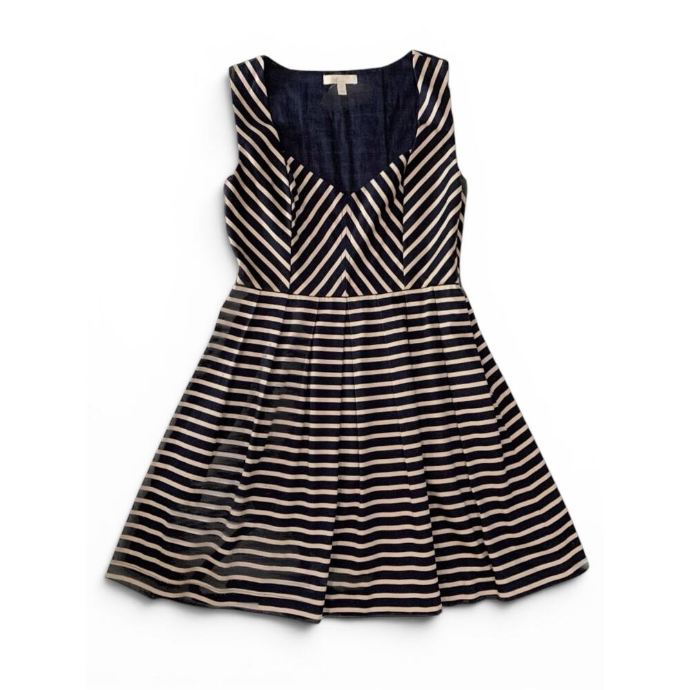 Monteau Chevron Striped Sleeveless Dress L Nautical Structured Preppy Navy Beige